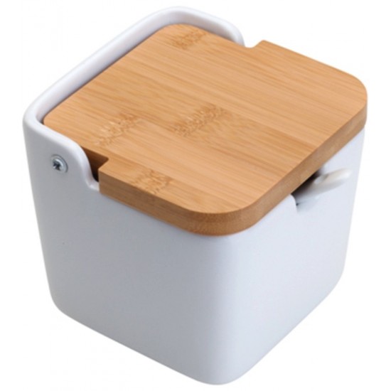 Saleiro 9x9,5x8,5cm De Mesa De Ceramica Com Tampa De Bambu E Colher Bianco